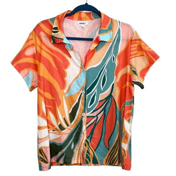 Vitamin A Retro Jungle Linen Blend Button Up Tropical Shirt Orange & Green SZ Sm - Picture 2 of 8